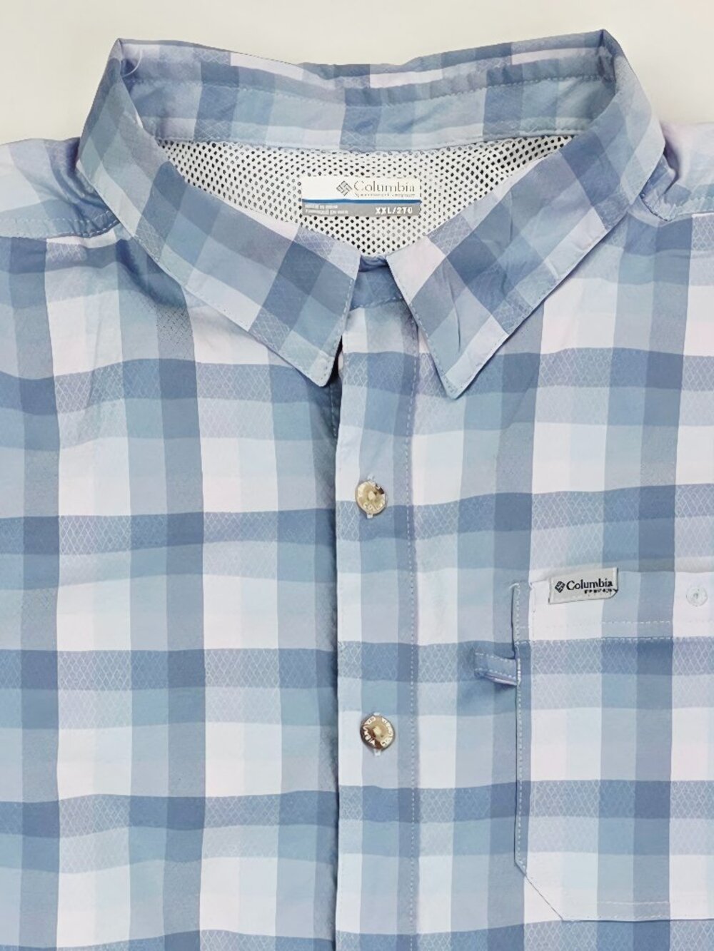 Columbia PFG Omni Shade Blue White Lilac Check Mens Size 2XL Short Sleeve Shirt
